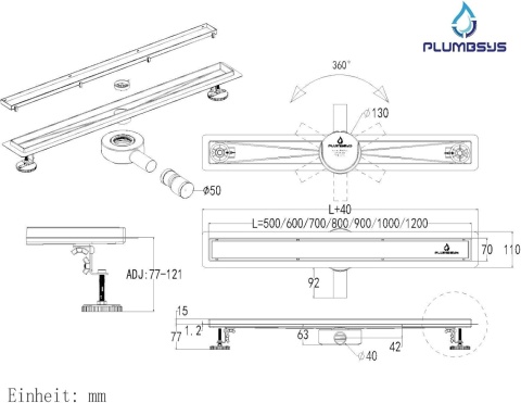 Plumbsys kanał prysznicowy ze stali nierdzewnej 70 cm, obrotowy, syfon