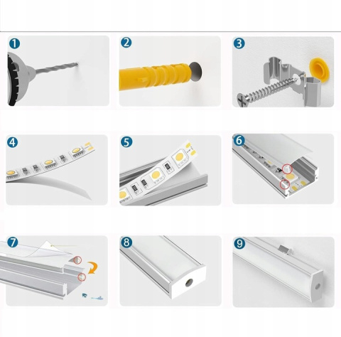 Profil LED U-kształtny, Czarny, 6 szt. z Białą Pokrywą 1m