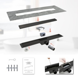 SaniteModar Rynienka prysznicowa 80 cm, czarna z płytkami ultraslim