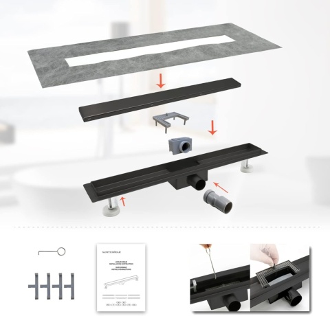 SaniteModar Rynienka prysznicowa 80 cm, czarna z płytkami ultraslim