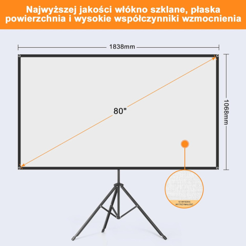 VISULAPEX 80"Ekran Projekcyjny, 4K HD 16:9 ze Stojakiem VISULAPEX 80"Ekran Projekcyjny, 4K HD 16:9 ze Stojakiem