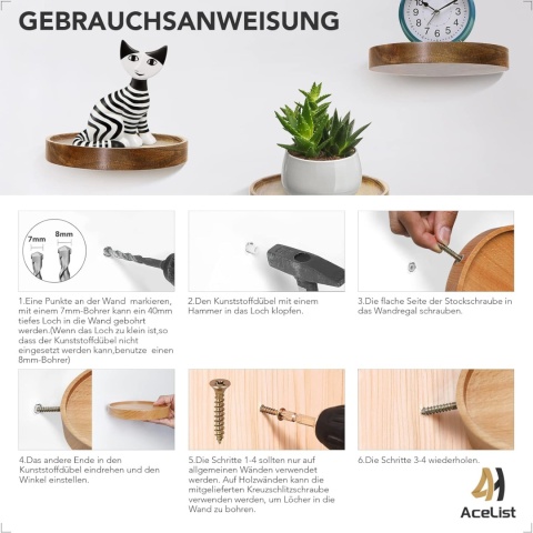 AceList Drewniany regał ścienny, drewno bukowe, zestaw 3 sztuki