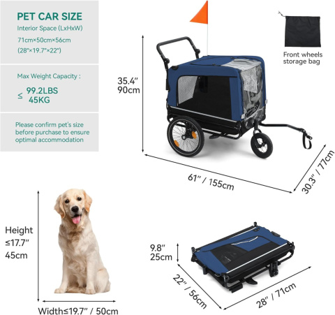 YITAHOME Przyczepa rowerowa dla psa 3 w 1 z obrotowym kołem