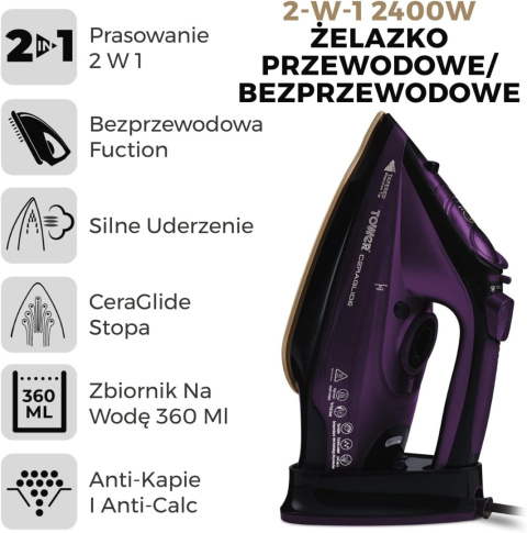 Żelazko Parownica Tower T22008 2400 W, bezprzewodowe