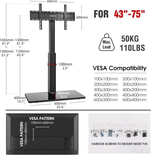 AOKCOS Stojak TV 43-75 cali, odchylany, obrotowy regulacja wysokosci