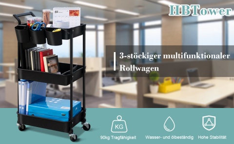 HBTower Wózek Kuchenny 3 Poziomy na Kółkach, Wielofunkcyjny z Półkami