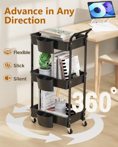 HBTower Wózek Kuchenny 3 Poziomy na Kółkach, Wielofunkcyjny z Półkami