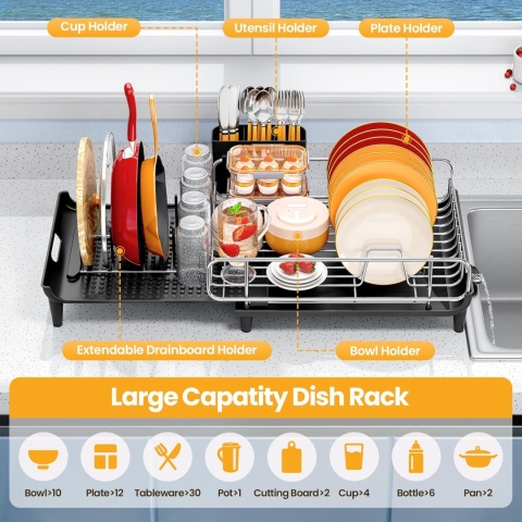 Rozsuwana suszarka do naczyń na blat kuchenny, ociekacz