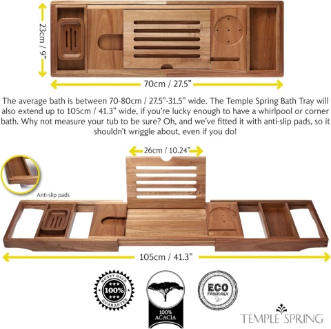 Temple Spring Regulowana taca na wannę z akcesoriami łazienkowymi