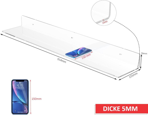 91cm Przezroczyste długie pływające półki na ścianę, akrylowa 2 szt 91cm Przezroczyste długie pływające półki na ścianę, akrylowa 2 szt