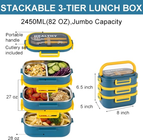 Lille Home 3-poziomowy pojemnik Bento 2,45 l + torba termiczna