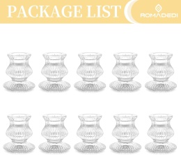 Romadedi Szklany świecznik, świece prętowe, zestaw 10 sztuk