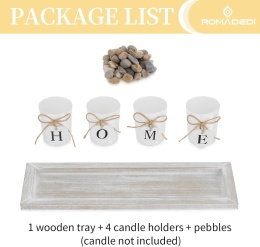 Zestaw z drewnianą tacą 4 szklane świeczniki i naturalne kamienie