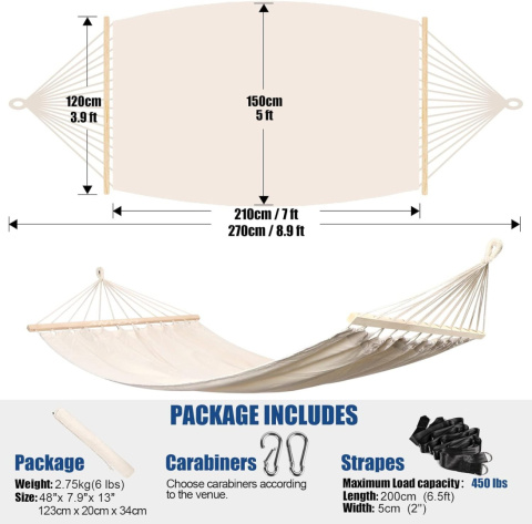Anyoo bawełniany hamak XXL z drewnianymi pretami 120 cm, do 200kg Anyoo bawełniany hamak XXL z drewnianymi pretami 120 cm, do 200kg
