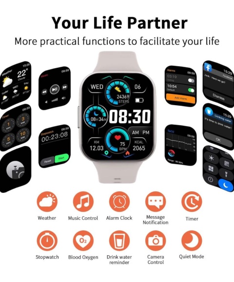 Dbasne Smartwatch 1,69 zegarek fitness z pulsometrem