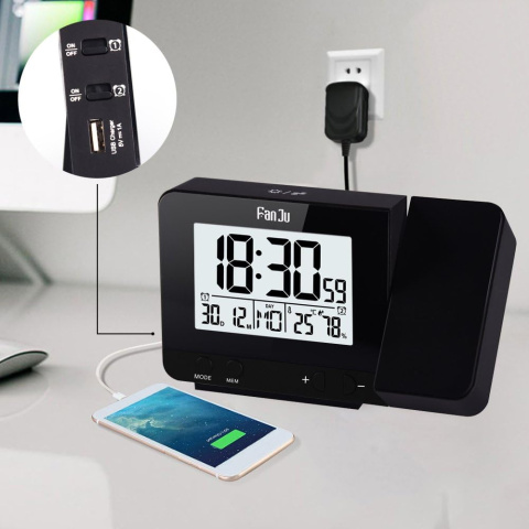 FanJu budzik projekcyjny ,ładowarki USB; temperatura i wilgotność FanJu budzik projekcyjny ,ładowarki USB; temperatura i wilgotność