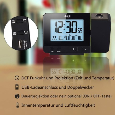 FanJu budzik projekcyjny ,ładowarki USB; temperatura i wilgotność FanJu budzik projekcyjny ,ładowarki USB; temperatura i wilgotność