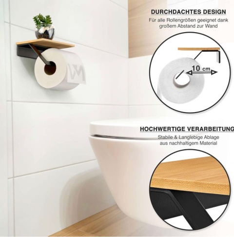Uchwyt na papier toaletowy bez wiercenia z drewniana półką czarny