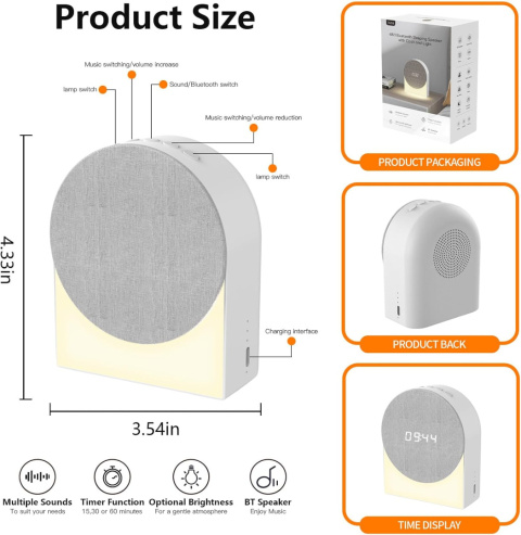 Gemmac Cyfrowy budzik 4 w 1 biały szum głośnik Bluetooth lampka nocna Gemmac Cyfrowy budzik 4 w 1 biały szum głośnik Bluetooth lampka nocna