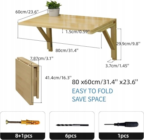 Składany stół ścienny Blat biurka 80x60 cm sosna - bialy