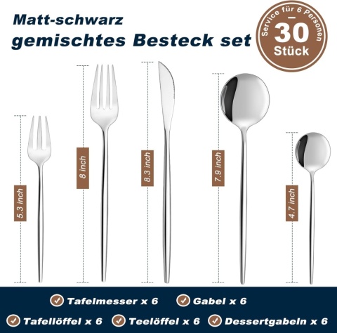 Bestdin Zestaw sztućców dla 6 osób, 30-częściowy , srebrny, nowoczesny Bestdin Zestaw sztućców dla 6 osób, 30-częściowy , srebrny, nowoczesny