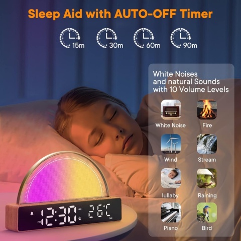 Budzik ze światłem, budzik świetlny, White Noise Machine 10 TRYBOW Budzik ze światłem, budzik świetlny, White Noise Machine 10 TRYBOW