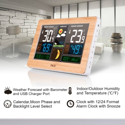 FanJu FJ3378W radiowa stacja pogodowa z funkcją budzika i temperaturą