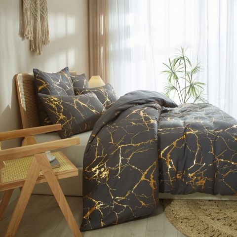 Komplet pościeli 220 x 240 cm, szary, ciemnoszary, złoty, wzór marmuru