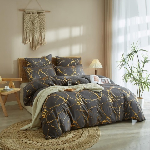 Komplet pościeli 220 x 240 cm, szary, ciemnoszary, złoty, wzór marmuru