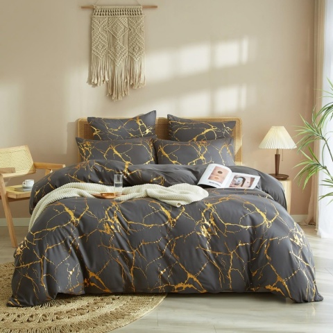Komplet pościeli 220 x 240 cm, szary, ciemnoszary, złoty, wzór marmuru