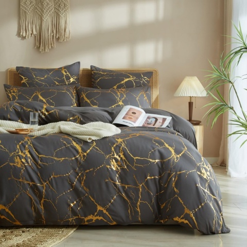Komplet pościeli 220 x 240 cm, szary, ciemnoszary, złoty, wzór marmuru