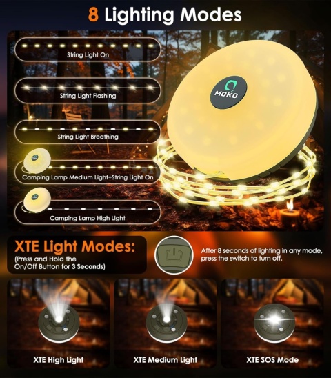 MoKo 3 w 1 akumulatorowe lampki zwijane z 8 trybami wodoodporna 10 m