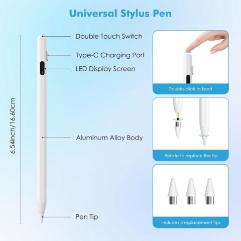 MoKo Stylus Pen biały, uniwersalny rysik LED, szybkie ładowanie Android/iOS