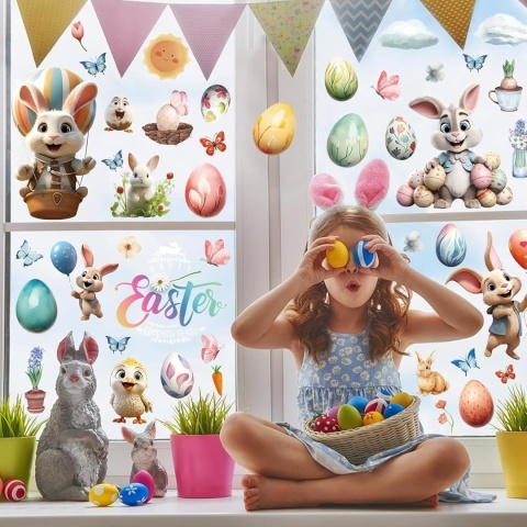 Naklejki na okno, Wielkanoc, samoprzylepne 9 arkuszy dwustronne 87szt