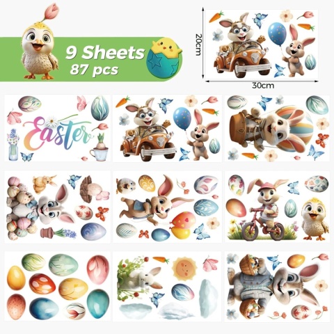 Naklejki na okno, Wielkanoc, samoprzylepne 9 arkuszy dwustronne 87szt