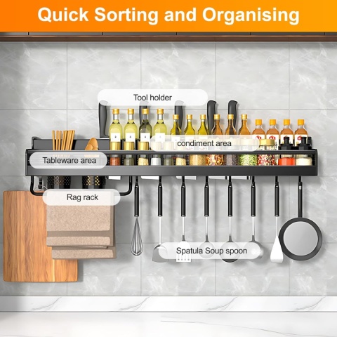 Półka kuchenna Ruiqas Spice Rack, metalowa, samoprzylepna, czarna