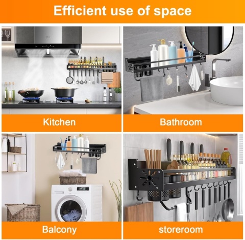 Półka kuchenna Ruiqas Spice Rack, metalowa, samoprzylepna, czarna