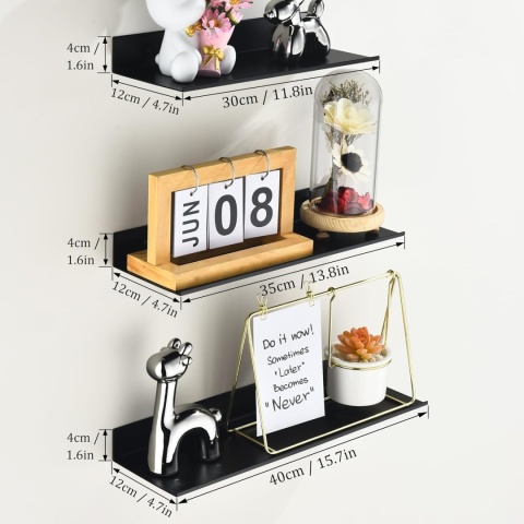 Wisfame Zestaw 3 Czarnych Półek Ściennych, Nowoczesna Dekoracyjna Metalowa