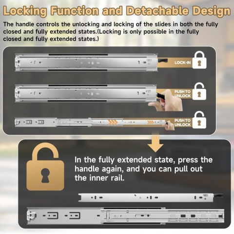 AOLISHENG Szyna do szuflad z pełnym wysuwem 1000 mm z zamkiem 68 kg