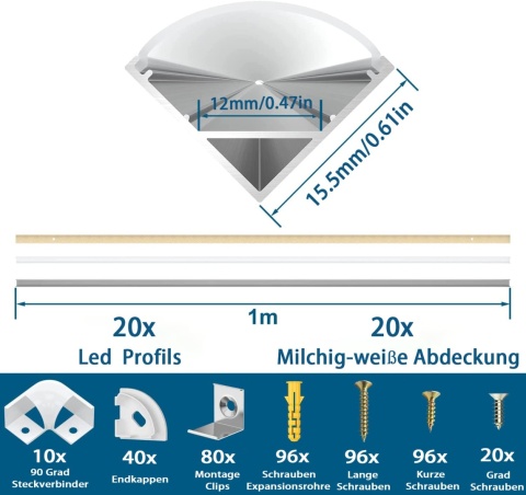 Chesbung LED profil aluminiowy 1 m, 20 sztuk w kształcie litery V