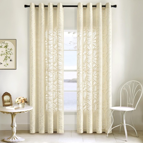 MIULEE Zasłony z woalu, z wzorem liści, zestaw 2 sztuk, 220 x 140 cm