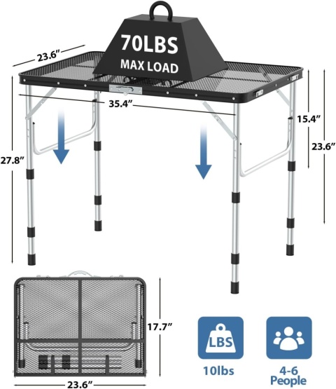 Sportneer Składany Stół Kempingowy 3 Poziomy Regulacja 90 cm x 60 cm