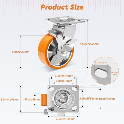 WEIBIDA 125mm kółka 4 szt z hamulcem bocznym, nośność 1800 kg