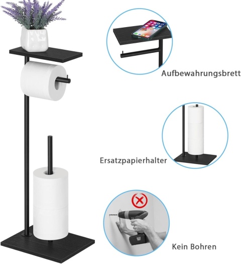 smusei Uchwyt na papier toaletowy z półką, stojący drewniany