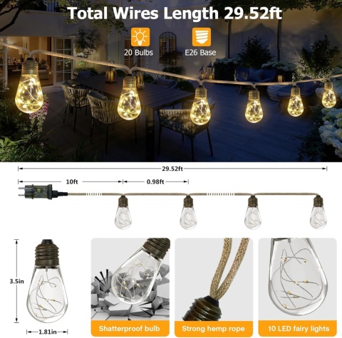 AGOTD Łańcuch świetlny do użytku na zewnątrz i wewnątrz, na solar