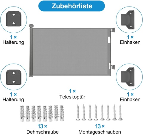 Bramka barierka ochronna na schody wysuwana, 0-140 cm szara