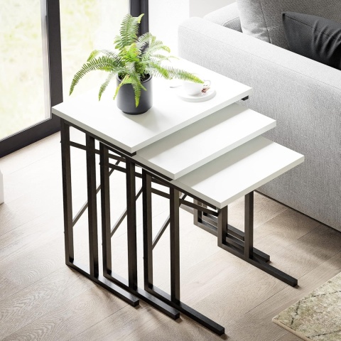 FurniChic Zestaw 3 stolików pomocniczych, stolik kawowy, BIEL I CZERN