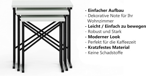 FurniChic Zestaw 3 stolików pomocniczych, stolik kawowy, BIEL I CZERN