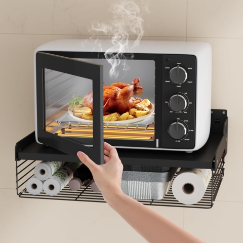 HMAKGG Wiszący regał do kuchenki mikrofalowej, uchwyt ścienny z koszem