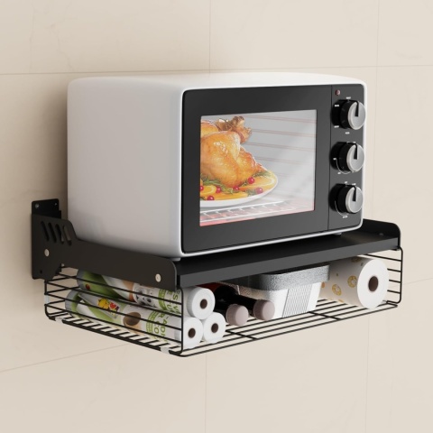 HMAKGG Wiszący regał do kuchenki mikrofalowej, uchwyt ścienny z koszem